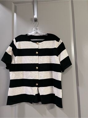 SHEIN Black & White Striped Button-Front Cardigan